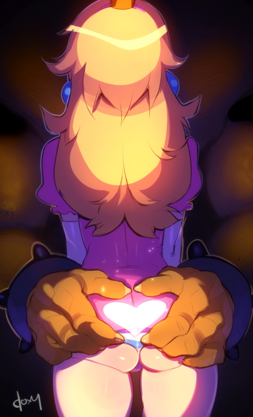 1boy 1girl ass ass_focus back blonde_hair bowser commentary crown doxy earrings elbow_gloves english_commentary gloves grabbing_another's_ass groping hands_on_ass heart heart_hands hetero highres interspecies jewelry long_hair mario_(series) nintendo out_of_frame princess_peach puffy_sleeves super_mario_bros._1 white_gloves