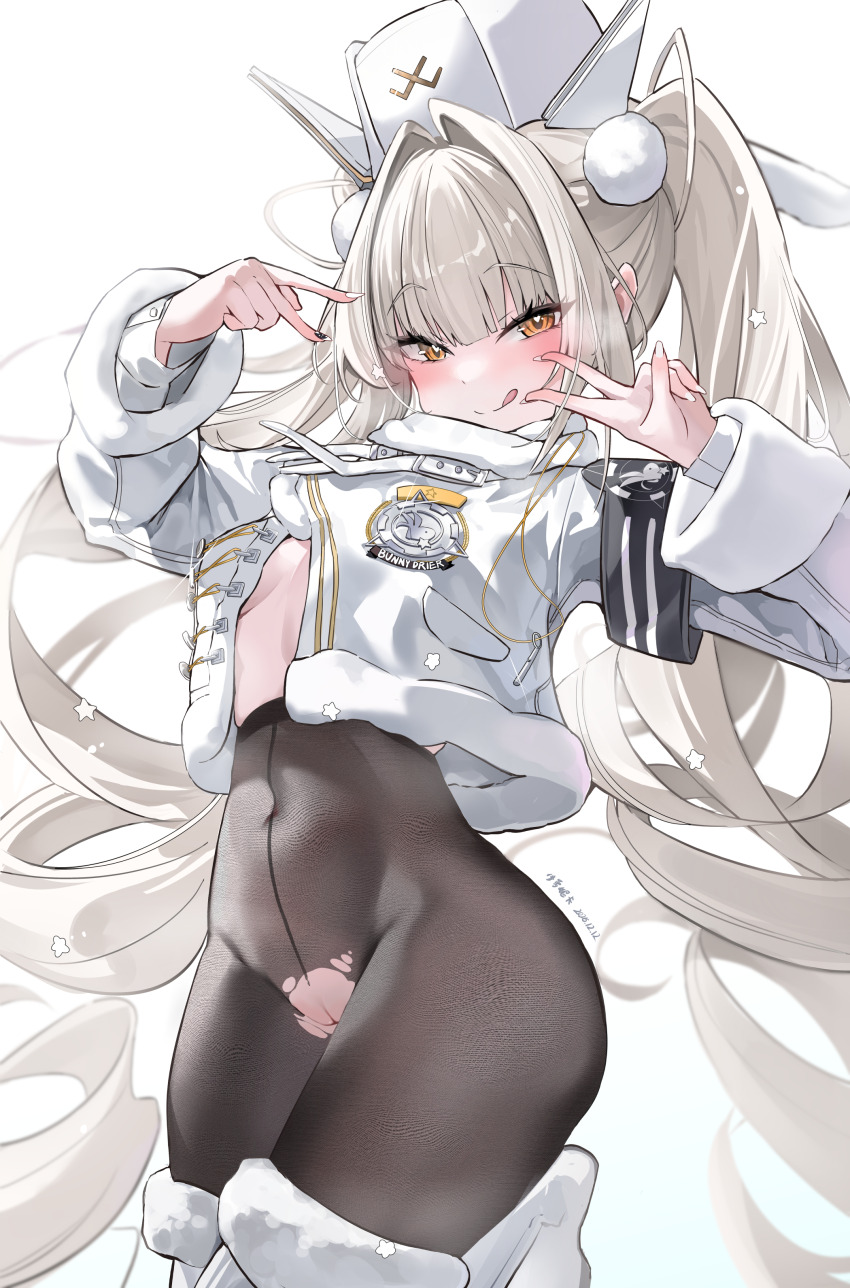 1girl absurdres black_pantyhose blanc_(fortune_express)_(nikke) blanc_(nikke) boots breasts coat commentary_request double_v fur-trimmed_boots fur_trim goddess_of_victory:_nikke hat highres licking_lips long_hair looking_at_viewer official_alternate_costume official_alternate_hairstyle pantyhose pussy simple_background small_breasts smile solo tongue tongue_out torn_clothes torn_pantyhose twintails v very_long_hair white_background white_boots white_coat white_hair white_hat winter_clothes winter_coat xiuluoniqia