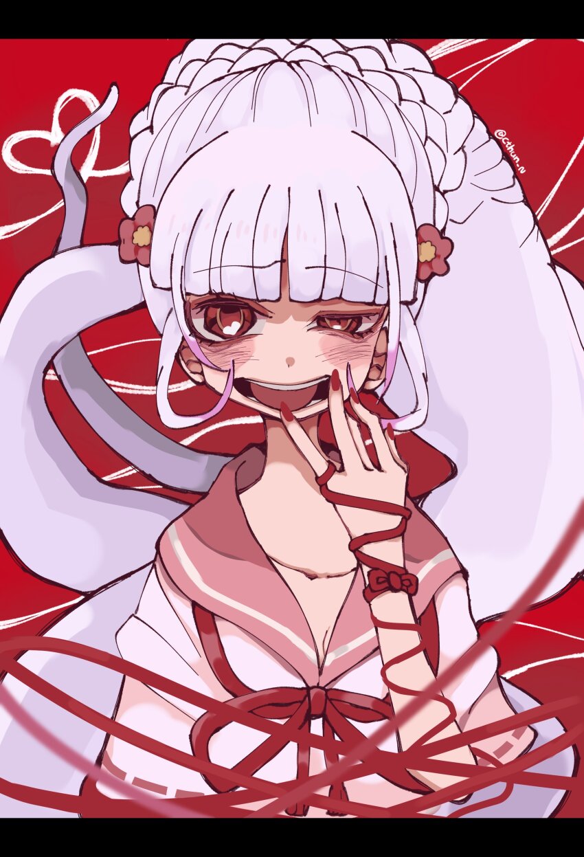 1girl absurdres blush byakuda_(kemono_friends) cthun_n flower grey_hair hair_flower hair_ornament heart highres kemono_friends long_hair looking_at_viewer nail_polish open_mouth red_background red_eyes ribbon school_uniform serafuku simple_background snake_girl snake_hair solo string upper_body