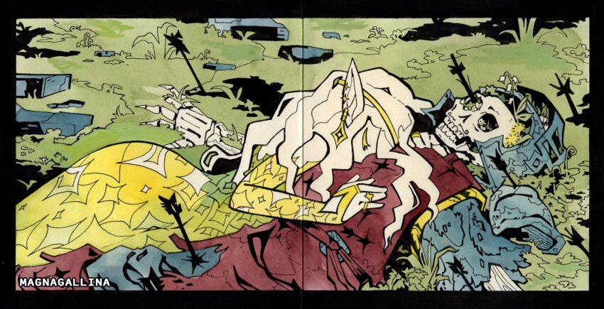 1boy 1girl arrow_(projectile) arrow_in_body arrow_in_ground arrow_in_head arrow_in_leg artist_name black_border border bridal_gauntlets closed_eyes colored_eyelashes commentary death dress earrings elf english_commentary fantasy gold_earrings gold_headwear gold_ring grass hand_on_another's_chest helm helmet hetero jewelry knight long_hair lying lying_on_person magnagallina object_through_head original overgrown painting_(medium) pointy_ears red_robe robe rubble skeleton skull traditional_media watercolor_(medium) yellow_dress