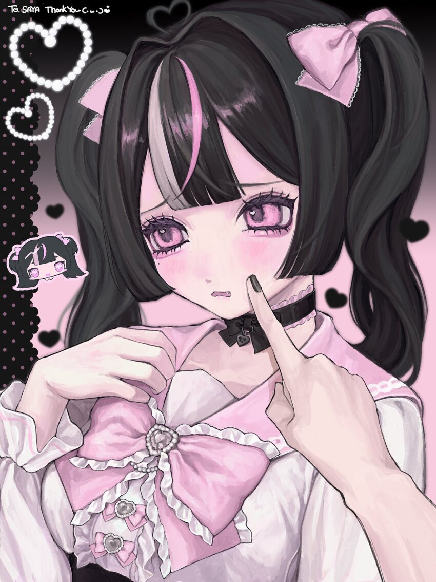 1girl aegyo_sal ahoge black_bow black_choker black_nails bow center-flap_bangs cheek_poking choker commentary commission english_commentary frilled_choker frills furrowed_brow hair_between_eyes hair_bow hashtag-only_commentary heart heart_ahoge highres jirai_kei long_hair motsu_(timotimo451) multicolored_hair open_mouth original pink_bow pink_eyes pink_sailor_collar poking pov pov_hands sailor_collar skeb_commission solo_focus streaked_hair twintails upper_body