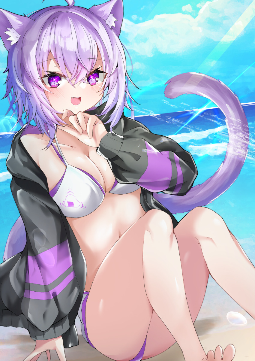 absurdres ahoge animal_ear_fluff animal_ears beach bikini black_jacket blush breasts cat_ears cat_girl cat_tail cleavage collarbone commentary_request food_print hair_between_eyes highres hololive jacket large_breasts medium_breasts navel nekomata_okayu ocean onigiri_print open_mouth purple_eyes purple_hair sitting smile stomach swimsuit tail virtual_youtuber white_bikini yuren_horun