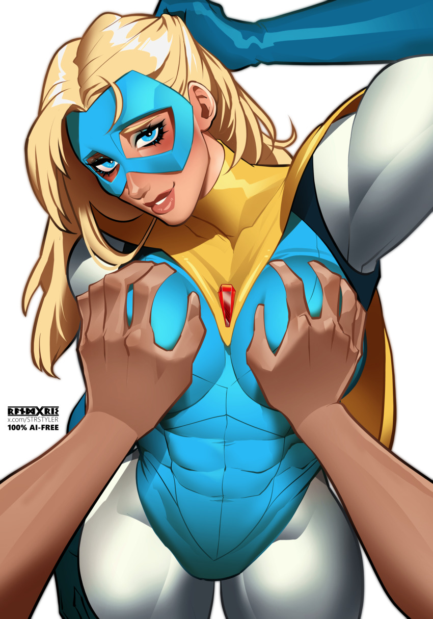1girl abs blonde_blazer blonde_hair blue_bodysuit blue_eyes blue_gloves blue_mask blush bodysuit breasts cape commission commissioner_upload dispatch flustered gloves grabbing_another's_breast groping groping_breast highres large_breasts looking_at_viewer mask muscular pov pov_hands simple_background smile spandex stomach strstyler white_background yellow_cape