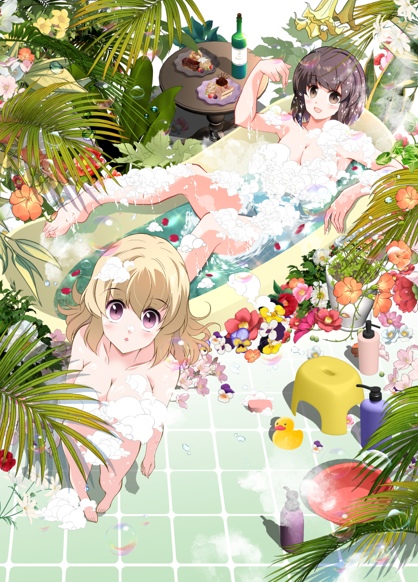 2girls absurdres angel&#039;s_trumpet barefoot bath bathing bathtub blonde_hair blush bottle breasts brown_eyes brown_hair bubble bud camellia cherry_blossoms chinese_trumpet_vine commentary_request completely_nude convenient_censoring cosmos_(flower) flower foam food food_request golden_trumpet hibiscus highres lily_(flower) looking_at_viewer maribel_hearn multicolored_flower multiple_girls nude open_mouth orange_flower palm_leaf peony_(flower) petals petals_on_liquid pigeon-toed pink_flower plant_request plantar_flexion purple_eyes purple_flower red_flower red_petals round_table rubber_duck smile soap_bottle soap_bubbles soap_censor steam table tile_floor tiles toes touhou trumpet_creeper usami_renko usuusu viola_tricolor water white_flower white_lily wine_bottle yellow_flower
