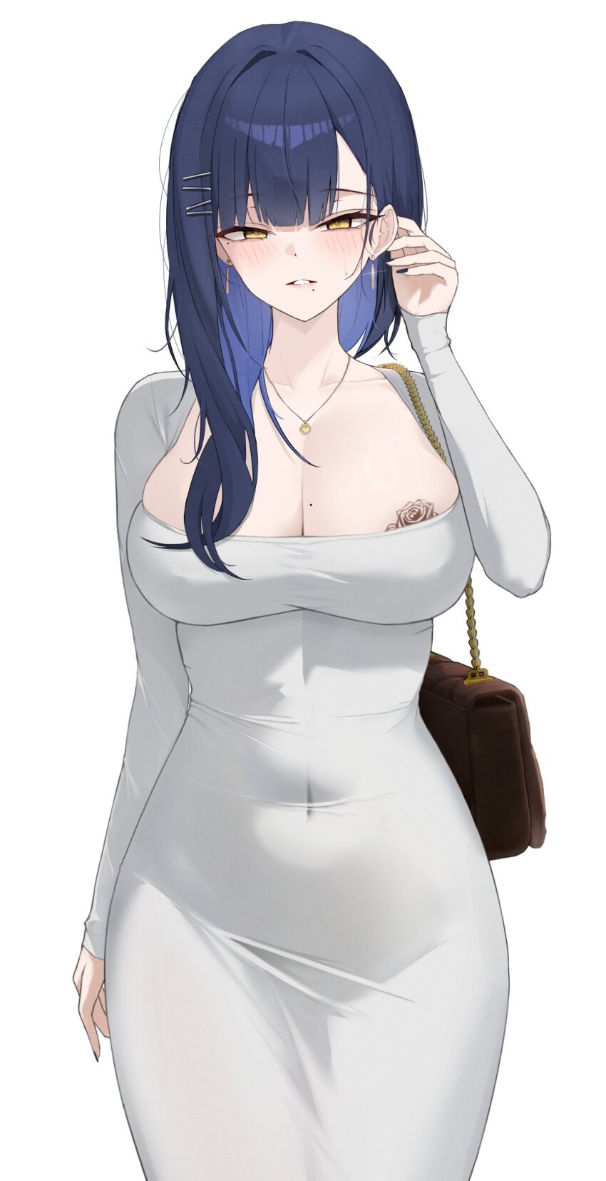1girl arm_at_side bag black_nails blue_hair blush breast_tattoo breasts cleavage commentary covered_navel cowboy_shot dongtan_dress dress earrings fingernails gamble_0 gangzi_(vtuber) glint grey_dress hair_ornament hair_over_shoulder hairclip hand_up handbag highres huge_breasts jewelry long_sleeves looking_at_viewer mole mole_on_breast mole_under_eye mole_under_mouth nail_polish necklace parted_lips simple_background solo standing stellive tattoo taut_clothes taut_dress virtual_youtuber white_background yellow_eyes