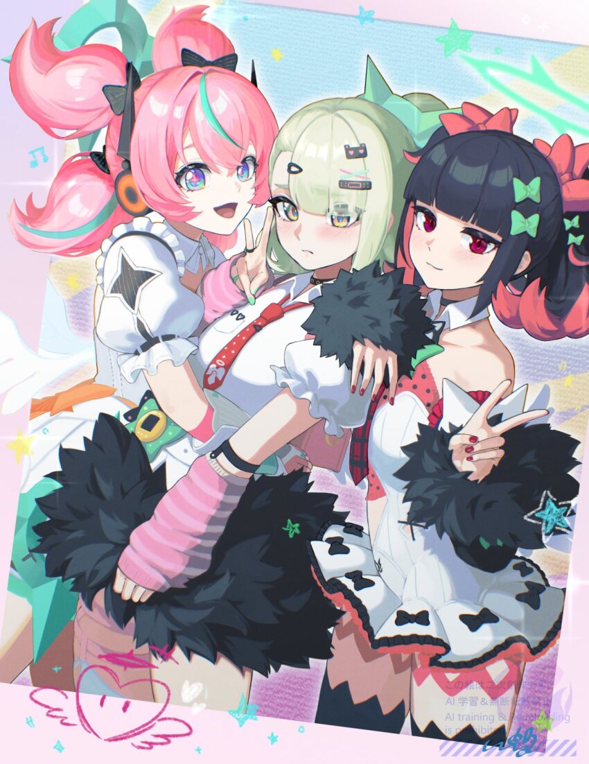 3girls aqua_nails bandaid bandaid_hair_ornament bare_shoulders black_bow black_hair black_skirt black_thighhighs blue_hair blue_streaks blush bow chinatsu_remiel closed_mouth collarbone colored_inner_hair commentary_request cowboy_shot dress fur-trimmed_skirt fur-trimmed_sleeves fur_trim green_bow green_hair green_halo hair_ornament halo hand_on_another's_shoulder heart highres hug_from_side leg_warmers looking_at_viewer multicolored_hair multiple_girls multiple_hair_clips multiple_thigh_straps necktie open_mouth pink_arm_warmers pink_bag pink_hair pink_leg_warmers red_bow red_eyes red_nails red_necktie ring_hair_ornament rokudu_sariel shirt skirt smile star_(symbol) streaked_hair striped_arm_warmers striped_leg_warmers thigh_strap thighhighs too_many_bows uixy v white_dress white_shirt yellow_eyes yutane_johiel zenless_zone_zero