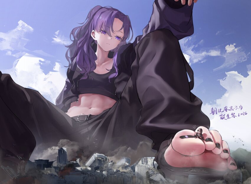 2girls abs antinomychina asahina_mafuyu belt between_toes bird black_jacket black_sports_bra blue_sky brown_hair city cloud collar commentary destruction giant giantess happy_birthday highres jacket long_hair looking_back looking_down motion_lines multiple_girls navel official_alternate_costume official_alternate_hairstyle on_ground open-toe_shoes open_clothes open_jacket pants ponytail project_sekai purple_eyes sandals shinonome_ena sitting size_difference sky sports_bra steaming_body toes translation_request very_long_hair zozotown