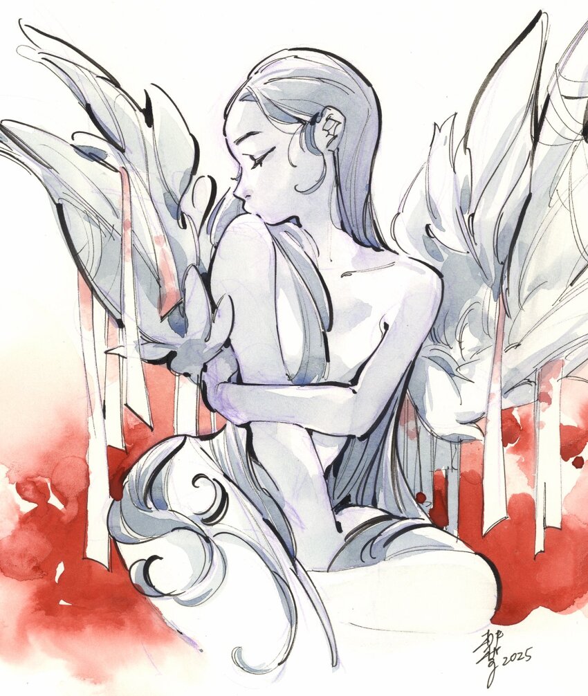1girl 2025 arm_under_breasts bandages closed_eyes closed_mouth highres implied_nudity long_hair looking_to_the_side original peach_momoko profile signature sketch solo spot_color wings