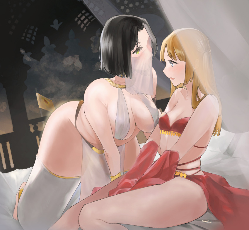 absurdres black_hair blonde_hair blue_eyes breasts cleavage commission dancer emodelas female_focus flag flat_chest green_eyes harem_outfit highres irene_(ricky_barnes) large_breasts maya_(ricky_barnes) middle_eastern_architecture mouth_veil on_bed original pixiv_commission revealing_clothes veil wife_and_wife yd_dancer_outfit yuri