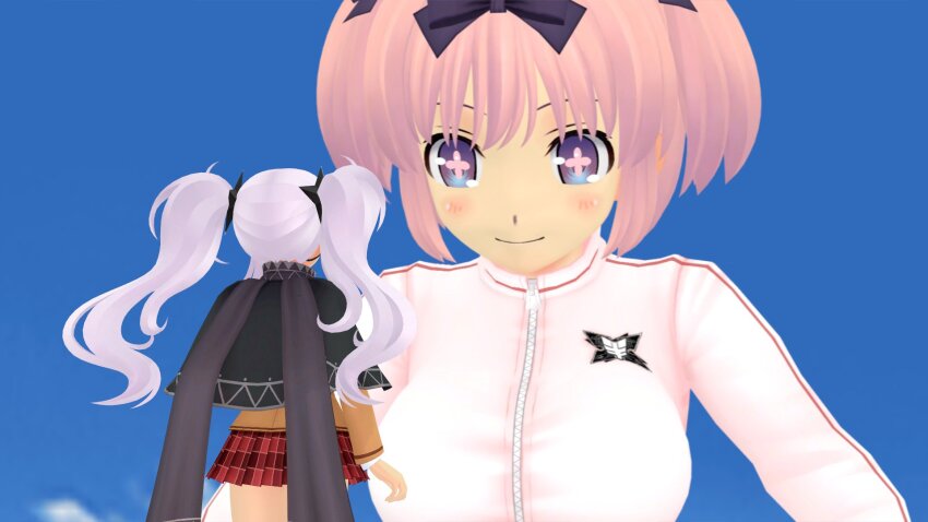 2girls 3d black_ribbon blue_sky breasts commentary day did_you_want_to_talk?_(meme) english_commentary flybytails giant giantess hibari_(senran_kagura) highres jacket large_breasts meme multiple_girls outdoors pink_hair purple_hair ribbon senran_kagura short_hair size_difference skirt sky tomodachi_life tomodachi_life:_living_the_dream track_jacket twintails yagyu_(senran_kagura)