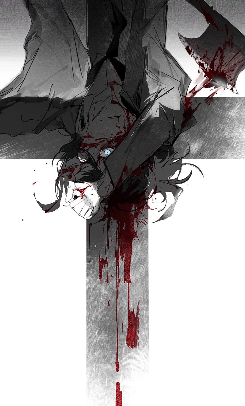 1boy arm_over_head artistguillotine axe blood blood_on_face bloody_weapon chinese_commentary commentary_request from_behind greyscale highres jacket long_sleeves lying male_focus monochrome necktie on_back open_clothes open_jacket original parted_lips solo spot_color upside-down weapon