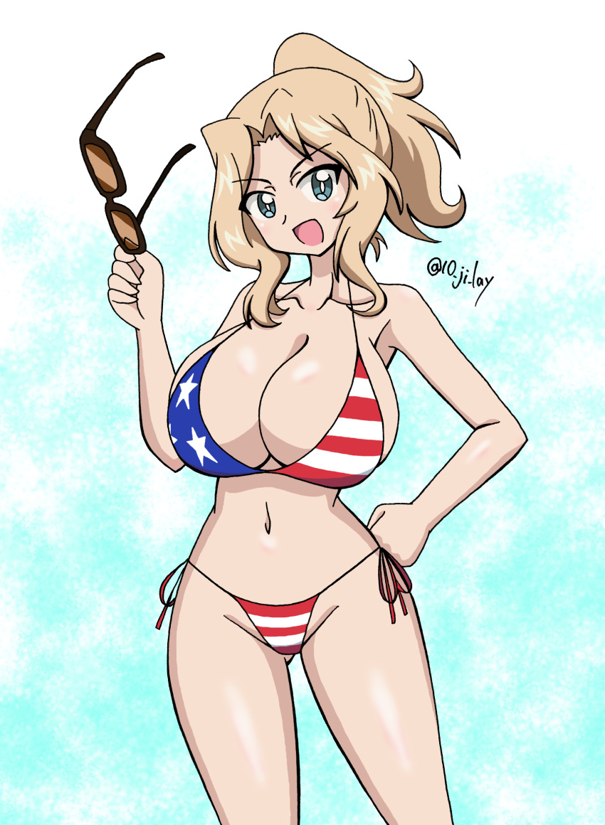 10_ji_lay 1girl :d alternate_breast_size_(larger) american_flag american_flag_bikini american_flag_print bikini blonde_hair blue_eyes breasts cleavage clenched_hand commentary_request cowboy_shot flag_print flag_print_bikini girls_und_panzer hair_intakes hand_on_own_hip high_ponytail highres holding holding_removed_eyewear huge_breasts kay_(girls_und_panzer) micro_bikini navel open_mouth ponytail print_bikini sidelocks smile solo stomach swimsuit twitter_username unworn_eyewear