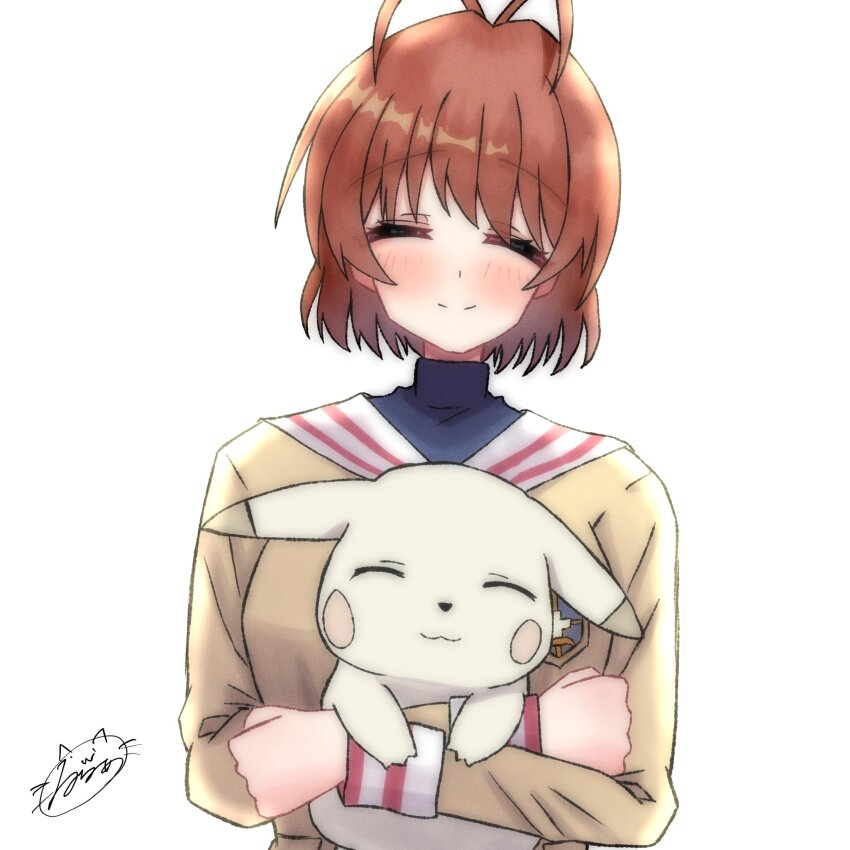 1girl animal antenna_hair blush brown_hair clannad closed_eyes furukawa_nagisa gen_1_pokemon highres hikarizaka_private_high_school_uniform holding holding_animal long_sleeves looking_at_viewer luchia nintendo peakychu pikachu pokemon pokemon_(creature) school_uniform short_hair smile upper_body white_background
