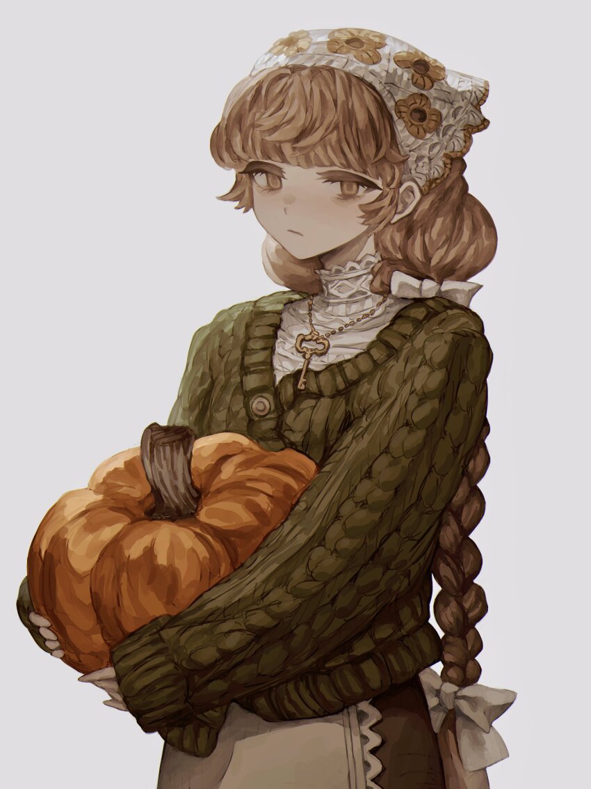 1girl 5masi_o absurdres apron bow braid brown_eyes brown_hair cardigan hair_bow half-closed_eyes headscarf high_collar highres holding holding_pumpkin jewelry key key_necklace long_hair long_sleeves necklace original pumpkin sleeves_past_wrists solo very_long_hair waist_apron