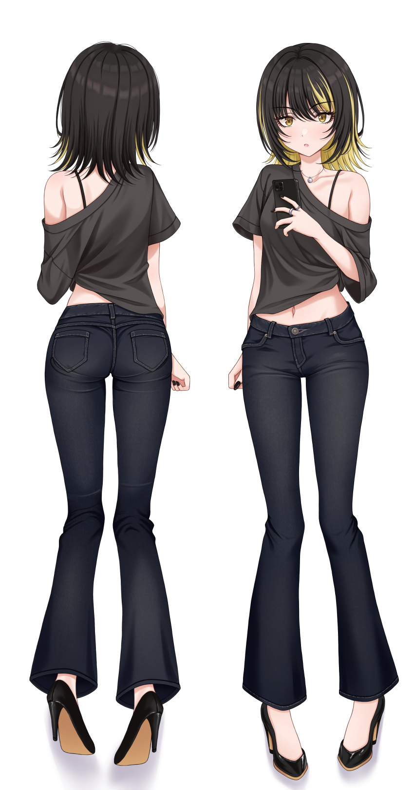 1girl absurdres bell-bottoms black_hair black_nails black_pants black_shirt black_shoes blonde_hair cellphone collarbone commentary_request denim full_body high_heels highres holding holding_phone idolmaster idolmaster_shiny_colors ikaruga_luca looking_at_viewer multicolored_hair multiple_views navel off-shoulder_shirt off_shoulder pants phone shirt shoes short_hair smartphone streaked_hair sulgi_park two-tone_hair white_background yellow_eyes