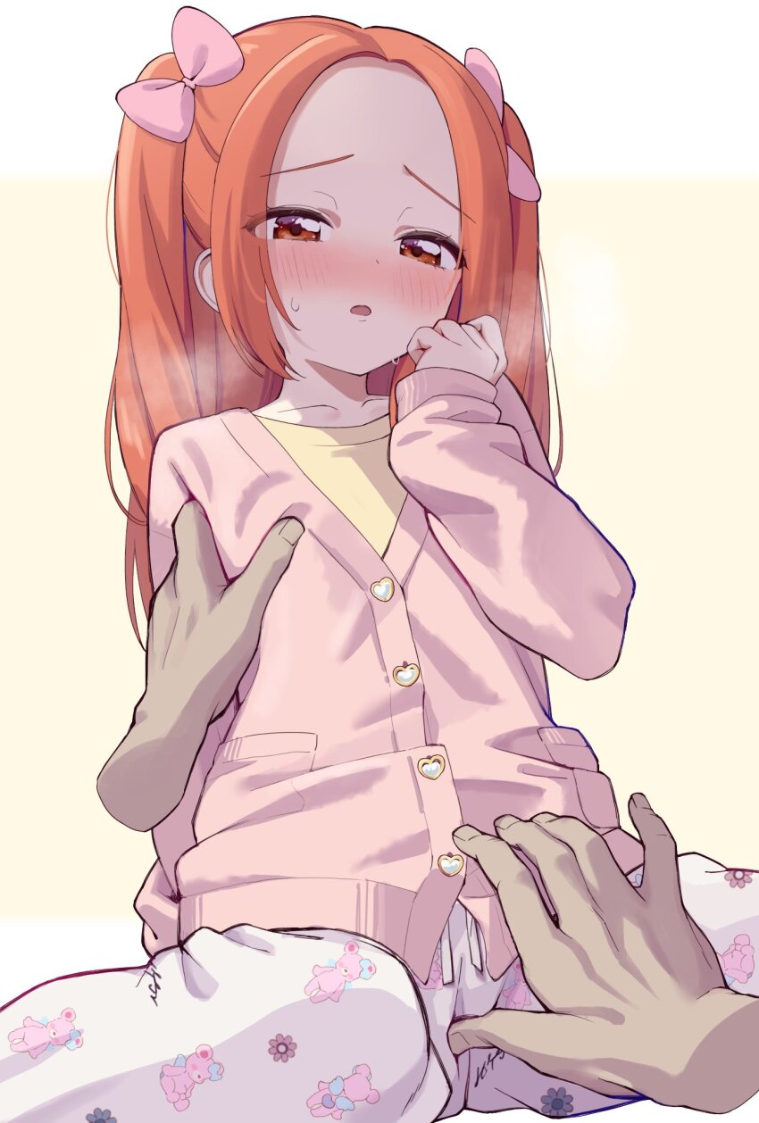 1girl 1other aikatsu! aikatsu!_(series) bow disembodied_hand fingering fingering_through_clothes forehead furrowed_brow groping hair_bow half-closed_eyes hand_on_another's_chest hand_up highres loli long_sleeves nipple_stimulation nipple_stimulation_through_clothes orange_eyes orange_hair otoshiro_noel pants pink_bow pink_sweater print_pants ren-da-min shirt simple_background sitting solo sweater through_clothes white_background white_pants yellow_shirt