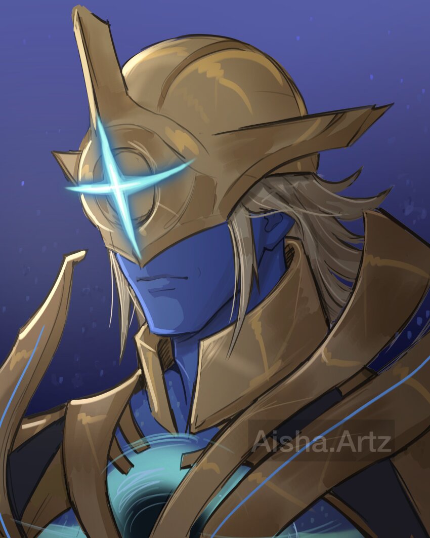 1boy absurdres adam_warlock adam_warlock_(cosmic_warlock) armor artist_name artzaisha black_hole blonde_hair colored_skin commentary covered_eyes english_commentary gold_armor guardians_of_the_galaxy highres male_focus marvel marvel_rivals mask medium_hair official_alternate_costume purple_background purple_skin solo