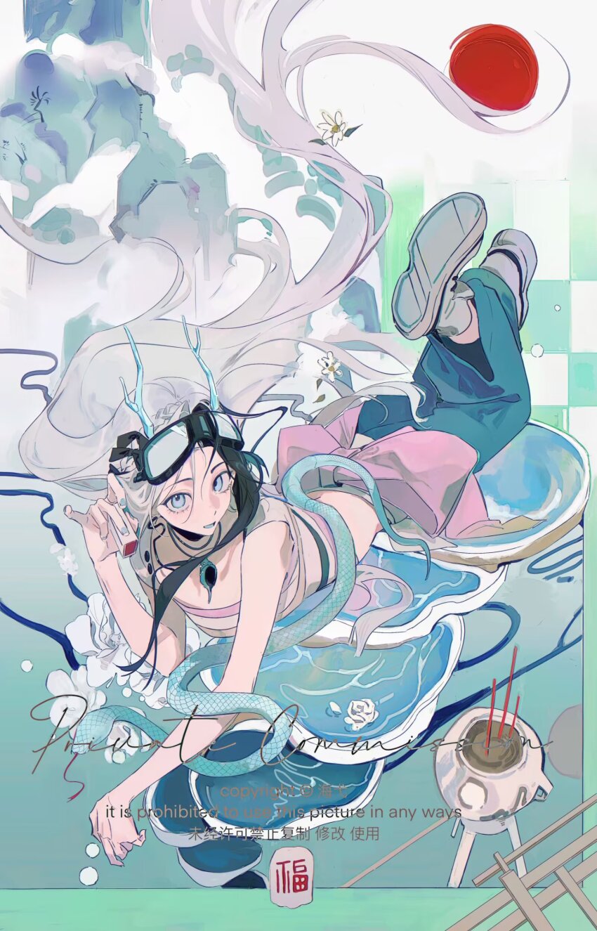 1girl absurdres animal blue_eyes blue_horns blue_nails blue_pants blue_snake bow braid commission fingernails floating_hair full_body hai_yexing_ren highres holding horns jewelry large_bow long_hair looking_at_viewer mihuashi_commission multicolored_hair nail_polish necklace open_mouth original pants pink_bow shoes snake sneakers solo two-tone_hair unworn_eyewear watermark white_hair