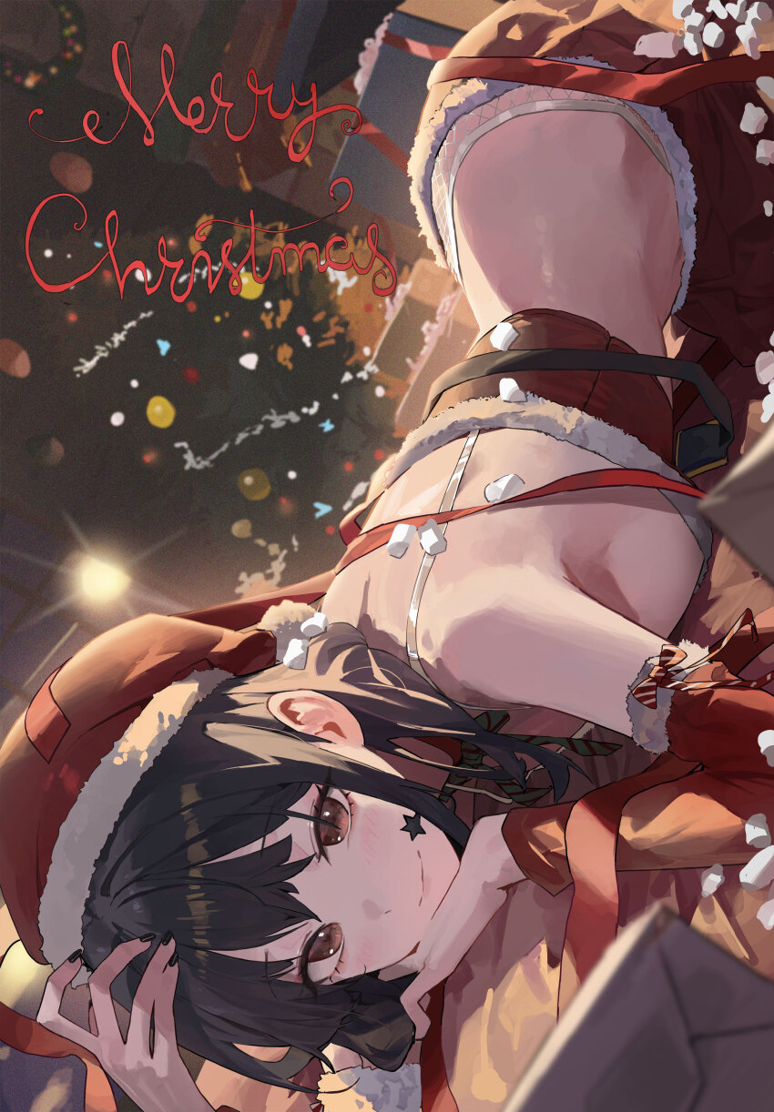 1girl absurdres bare_shoulders black_hair black_nails box brown_eyes choker christmas christmas_tree closed_mouth commentary crop_top detached_sleeves envelope facial_mark fishnets fur-trimmed_shirt fur-trimmed_skirt fur_trim gift gift_box hat highres long_hair long_sleeves looking_at_viewer lying mac_star merry_christmas midriff nail_polish navel on_stomach original red_choker red_hat red_shirt red_skirt red_sleeves santa_hat shirt sidelocks skirt sleeveless sleeveless_shirt smile solo spaghetti_strap stomach upside-down