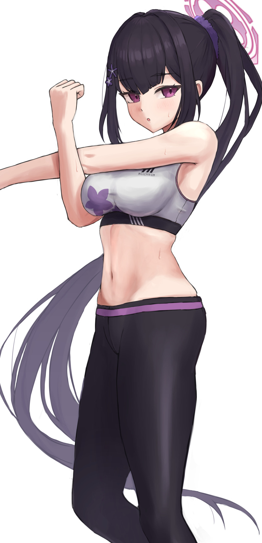 1girl :o absurdres bare_shoulders black_hair black_pants blue_archive blush breasts commentary flambe_(tyoitohikkosi07) flower groin hair_between_eyes hair_flower hair_ornament hair_scrunchie halo highres long_hair looking_at_viewer medium_breasts midriff navel pants parted_lips ponytail purple_eyes purple_halo purple_scrunchie scrunchie sidelocks simple_background solo sports_bra standing stretching sumire_(blue_archive) sweat very_long_hair white_background white_sports_bra yoga_pants