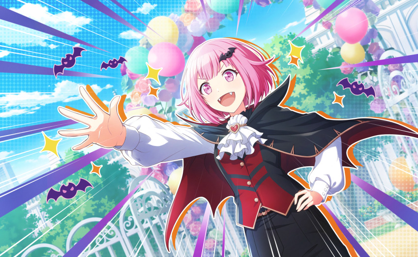 >:) 1girl :d ascot balloon bat_(animal) bat_hair_ornament belt black_cape black_pants black_vest blue_sky cape cloud colorful_palette day drop_shadow fangs flower game_cg gem gold_trim hair_ornament hand_on_own_hip heart-shaped_gem high_collar highres motion_lines official_art ootori_emu open_mouth pants pink_eyes pink_hair project_sekai red_gem red_vest rose short_hair sky smile solo sparkle sparkling_eyes speed_lines standing third-party_source tonari_ni_tatsu_yasashii_anata_e_(project_sekai) tree two-tone_vest upper_body v-shaped_eyebrows vampire_costume vest white_ascot