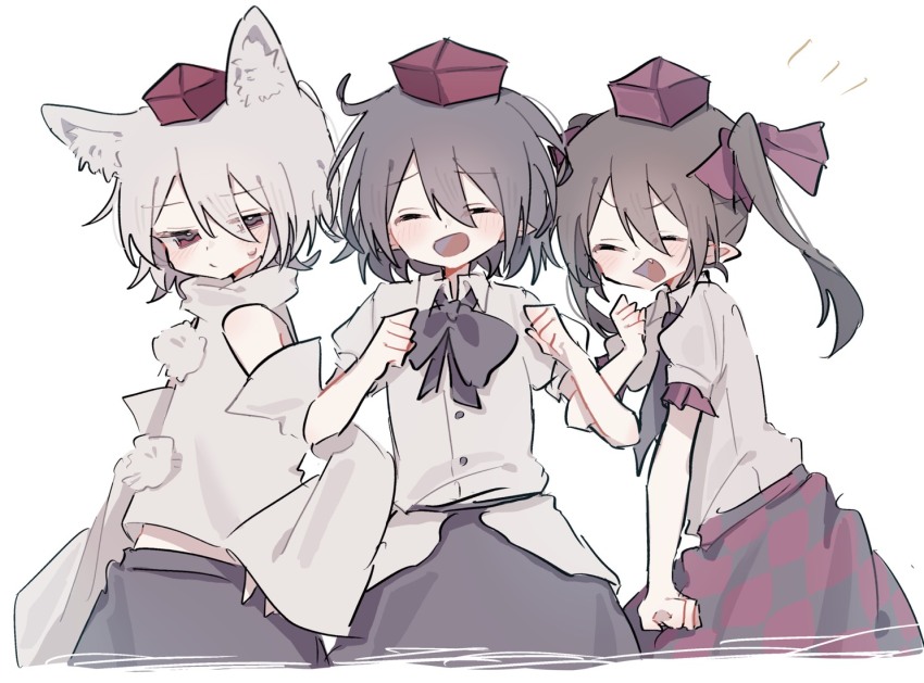 3girls animal_ear_fluff animal_ears black_bow black_bowtie black_hair black_necktie black_shirt black_skirt blush bow bowtie brown_hair buttons checkered_clothes checkered_skirt clenched_hands closed_eyes collared_shirt cowboy_shot cropped_legs detached_sleeves fang from_side hat himekaidou_hatate inubashiri_momiji locked_arms looking_at_viewer looking_to_the_side maruten_moko medium_hair multiple_girls necktie open_mouth pointy_ears pom_pom_(clothes) puffy_short_sleeves puffy_sleeves purple_hat purple_skirt red_eyes red_hat shameimaru_aya shirt shirt_tucked_in short_hair short_sleeves simple_background skirt sleeveless sleeveless_shirt smile straight-on sweat tokin_hat touhou turtleneck turtleneck_shirt twintails white_background white_hair white_shirt wolf_ears wolf_girl