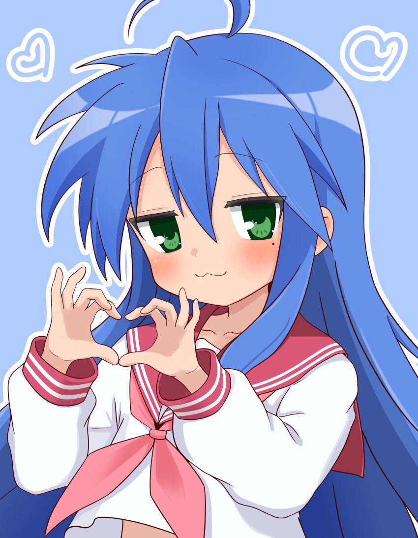 1girl ahoge blue_background blue_hair closed_eyes collar dot_nose feet_out_of_frame female_focus green_eyes hair_between_eyes heart_(symbol) izumi_konata long_hair long_sleeves looking_at_viewer lucky_star meisoochuu mole mole_under_eye red_sailor_collar ribbon ryouou_school_uniform sailor_collar school_uniform serafuku shirt simple_background smile standing white_shirt