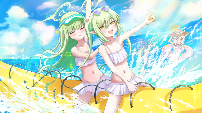 3girls :d =_= alternate_costume aoba_(blue_archive) arm_up banana_boat bikini bikini_skirt blonde_hair blue_archive blue_sky blush chestnut_mouth cloud commentary_request cowboy_shot day earrings eyewear_on_head fang flat_chest floating_hair green_hair green_halo hair_between_eyes halo hand_on_another's_shoulder hat heart heart-shaped_eyewear highres hikari_(blue_archive) ice_night328 index_finger_raised jewelry long_hair low_twintails multiple_girls navel nozomi_(blue_archive) o_o ocean open_mouth outdoors outstretched_arm pointing pointing_forward pointy_ears ruffle_bikini siblings sidelocks sisters sitting skin_fang sky smile sparkle splashing stomach straw_hat sunglasses swim_ring swimsuit thick_eyebrows twins twintails v-shaped_eyebrows very_long_hair visor_cap water wavy_mouth wet white_bikini yellow_eyes yellow_halo