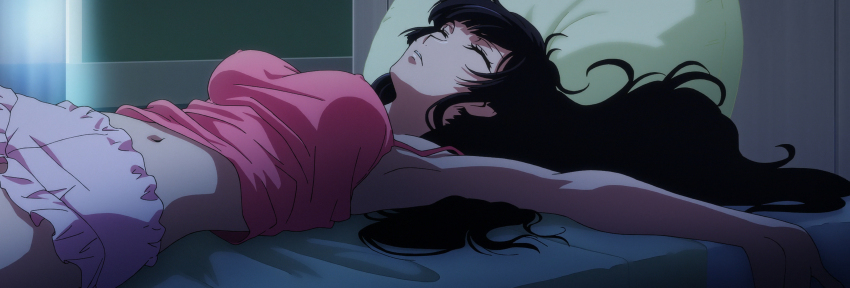 1girl anime_screenshot armpits breasts closed_eyes code_geass code_geass:_dakkan_no_roze highres large_breasts long_hair lying midriff navel sleeping solo stitched sumeragi_sakuya third-party_edit