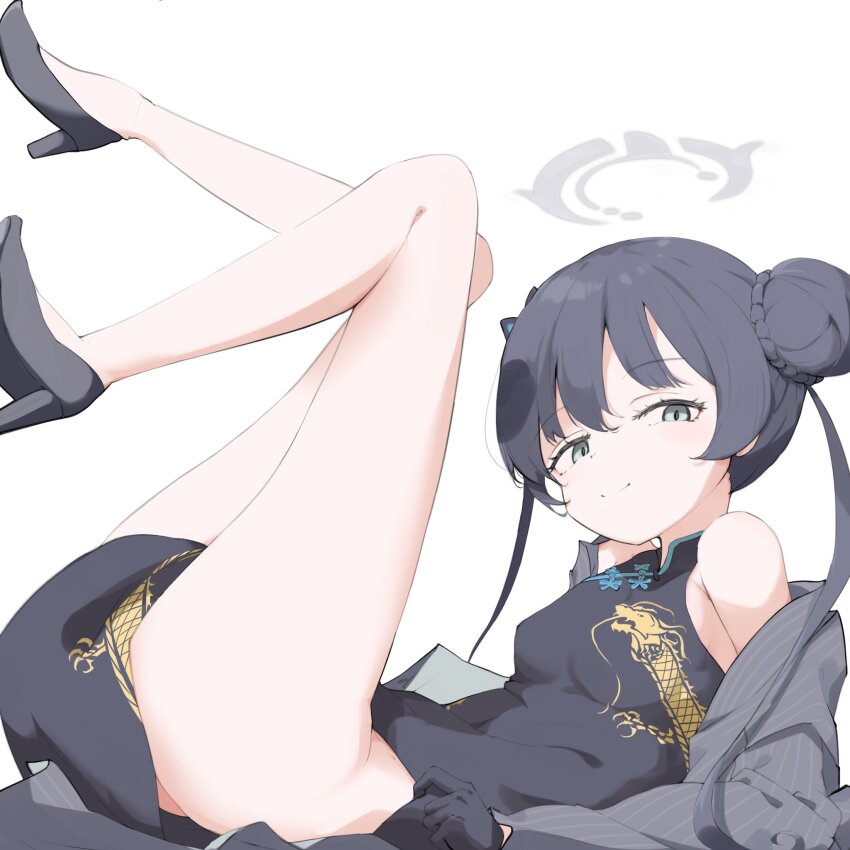 ass black_shoes blue_archive bottomless china_dress chinese_clothes commando double_bun dress grey_halo hair_bun halo highres kisaki_(blue_archive) leg_up looking_at_viewer nimomin no_panties no_underwear shirt shoes striped_clothes striped_shirt white_background