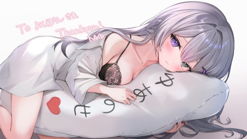 1girl bare_shoulders black_bra black_nails blush bra breasts cleavage commentary_request commission grey_eyes grey_hair hair_ornament heterochromia highres hugging_object indie_virtual_youtuber long_hair looking_at_viewer medium_breasts naked_shirt nomo_(no_mo) pillow pillow_hug purple_eyes second-party_source shirt solo underwear virtual_youtuber white_shirt yuase_(vtuber)