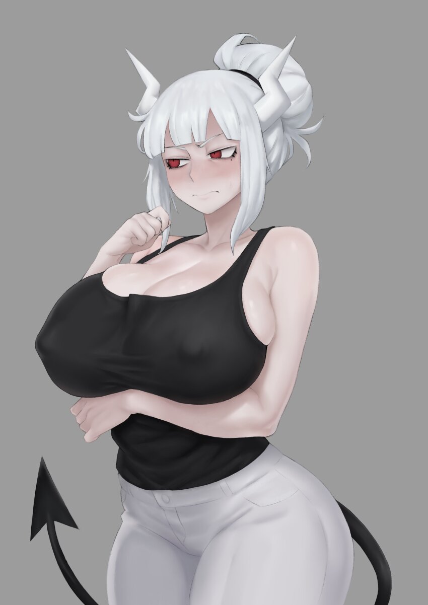 1girl absurdres angry arm_under_breasts bare_shoulders blush breasts commentary covered_erect_nipples demon demon_girl demon_horns demon_tail english_commentary grey_background grey_pants helltaker highres horns large_breasts looking_to_the_side lucifer_(helltaker) meruzis mole mole_under_eye pants red_eyes tail white_hair white_horns