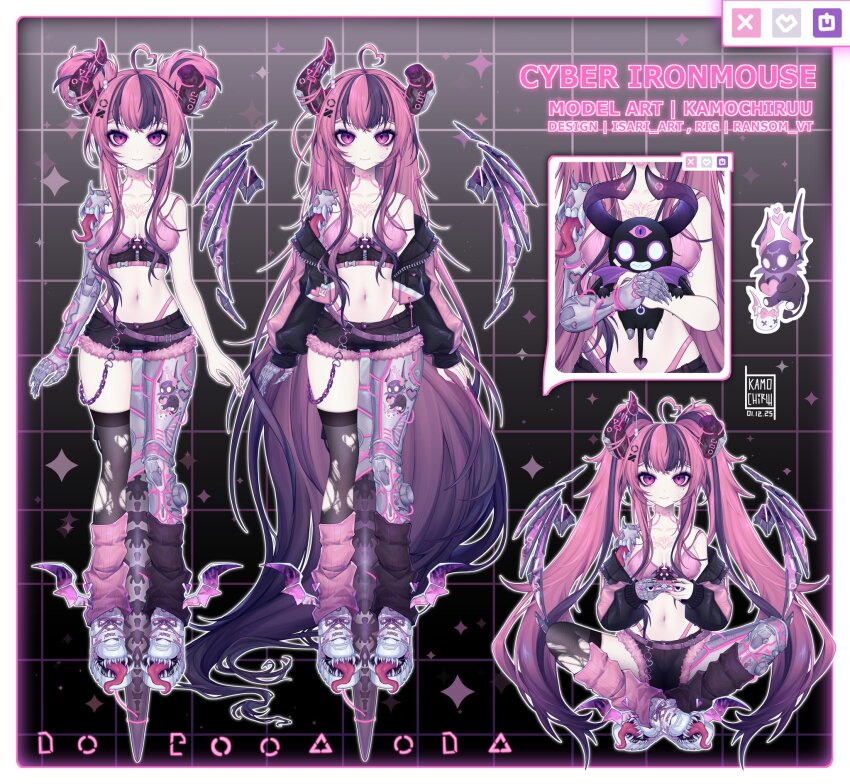 1girl ahoge artist_name black_hair black_jacket black_shoes black_shorts breasts broken_horn bubi_(ironmouse) chest_tattoo closed_mouth collarbone controller cropped_jacket dated demon_horns detached_wings game_controller hair_ornament heart heart_ahoge heart_tattoo highres holding holding_controller holding_game_controller horns ironmouse jacket kamochiru long_hair loose_socks mechanical_arms mechanical_legs midriff mole mole_under_eye multicolored_hair navel official_alternate_hair_length official_alternate_hairstyle pink_hair pink_socks purple_eyes sharp_teeth shoes short_shorts shorts single_mechanical_arm single_mechanical_leg single_thighhigh sitting socks socks_over_thighhighs streaked_hair tattoo teeth thighhighs tongue tongue_out torn_clothes torn_thighhighs twintails very_long_hair virtual_youtuber vshojo white_shoes wings zipper