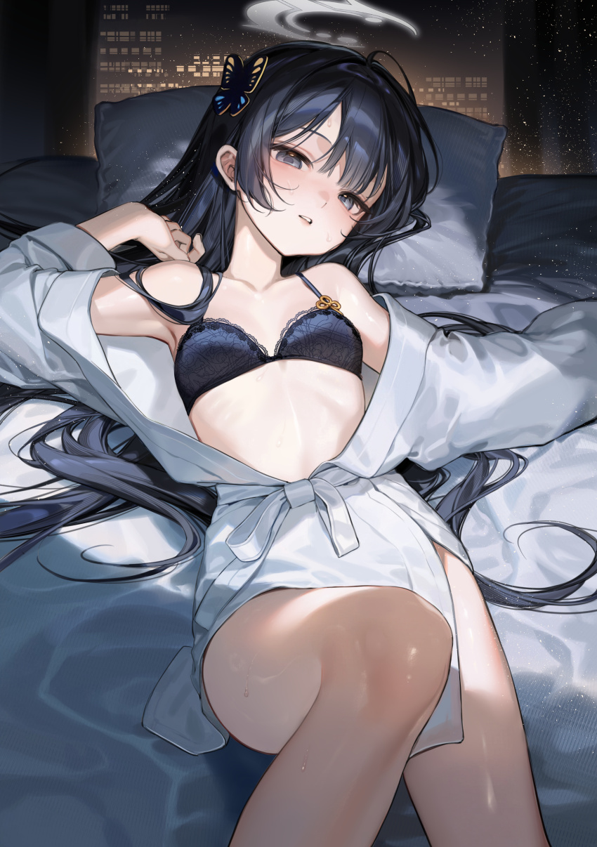 1girl absurdres bath_yukata black_eyes black_hair blue_archive blush bra breasts butterfly_hair_ornament hair_down hair_ornament halo highres japanese_clothes kimono kisaki_(blue_archive) long_hair looking_at_viewer lying night on_back on_bed open_clothes open_kimono parted_lips pillow small_breasts smilesmile1312 solo sweat underwear yukata