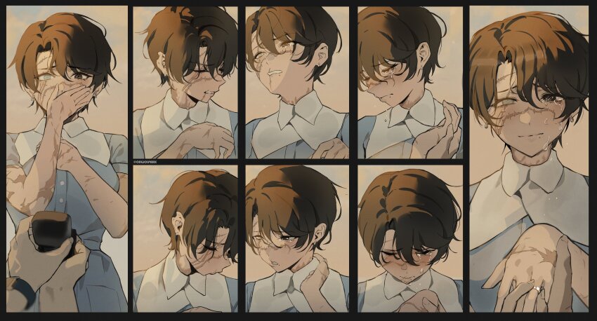 1girl 1other absurdres artist_name black_border black_eyes black_hair blue_shirt border brown_background burn_scar collar collared_shirt commentary covering_own_mouth crying crying_with_eyes_open dress earrings english_commentary facial_scar grey_eyes hand_on_own_chest highres jewelry looking_at_viewer marriage_proposal mole mole_under_mouth multiple_scars multiple_views notched_ear original park_ongjol parted_lips partially_blind putting_on_jewelry ring_box scar scar_across_eye scar_on_arm scar_on_cheek scar_on_face scar_on_lip scarred_tomboy_maid_(park_ongjol) scars_all_over shirt short_hair short_sleeves teardrop tearing_up tears tomboy too_many twitter_username watch white_collar