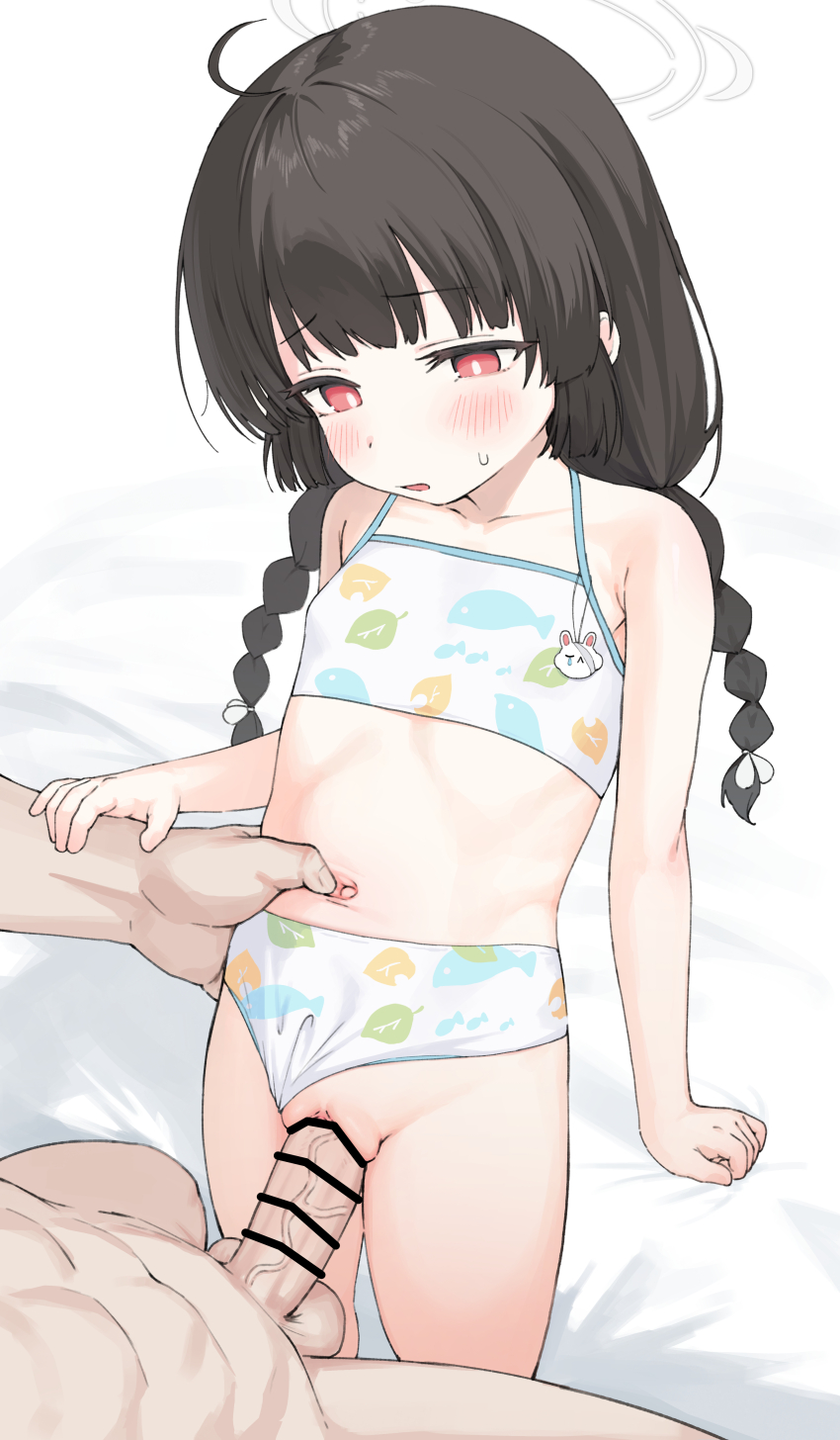 1boy 1girl aak absurdres bar_censor bikini bikini_bottom_aside black_hair blue_archive blush braid censored clothing_aside flat_chest halo hetero highres loli long_hair miyu_(blue_archive) miyu_(swimsuit)_(blue_archive) navel official_alternate_costume penis red_eyes sex swimsuit twin_braids vaginal white_bikini