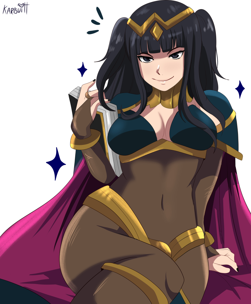1girl arm_support artist_name black_eyes black_hair breasts cape cleavage covered_navel crossed_arms fire_emblem highres karbuitt large_breasts lips looking_at_viewer navel nintendo seductive_gaze seductive_smile see-through_clothes sitting smile tharja_(fire_emblem) twintails