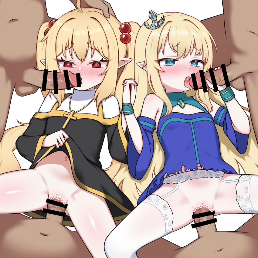 2girls absurdres bar_censor blonde_hair blue_eyes blush censored clothes_lift commission cross dress dress_lift fellatio group_sex heart hetero highres holding_hands loli long_hair multiple_boys multiple_girls oral original penis pointy_ears red_eyes sex thighhighs twintails vaginal white_thighhighs zing_(z_z_zing)