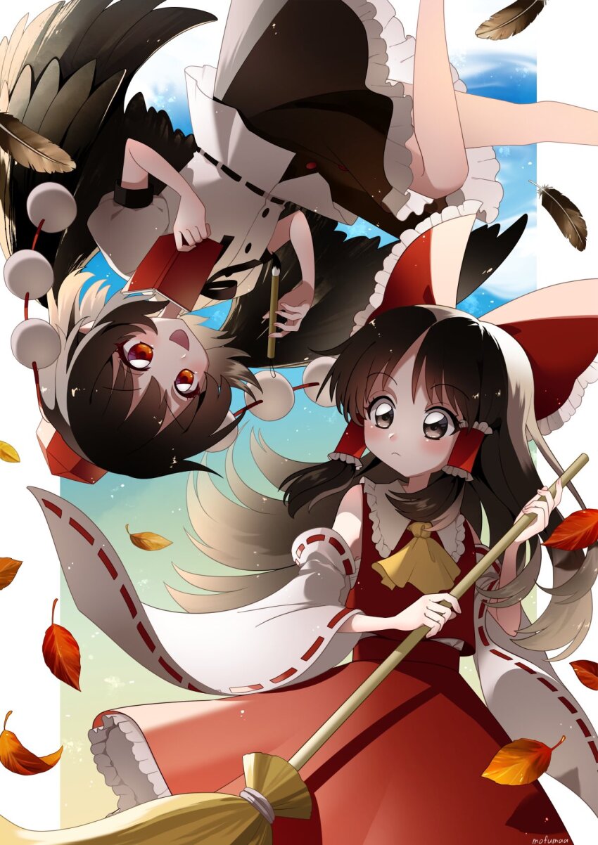 2girls artist_name ascot bird_wings black_skirt blush bow broom brown_eyes brown_hair calligraphy_brush closed_mouth commentary_request detached_sleeves eye_contact falling_feathers falling_leaves feathers frilled_bow frilled_hair_tubes frilled_skirt frills hair_bow hair_tubes hakurei_reimu hat highres holding holding_broom holding_calligraphy_brush holding_notebook holding_paintbrush leaf long_hair looking_at_another maa_(forsythia1729) multiple_girls notebook open_mouth paintbrush pom_pom_(clothes) puffy_short_sleeves puffy_sleeves red_bow red_eyes red_hat red_skirt ribbon-trimmed_sleeves ribbon_trim shameimaru_aya shirt short_sleeves skirt skirt_set smile tokin_hat touhou upside-down white_shirt wings yellow_ascot