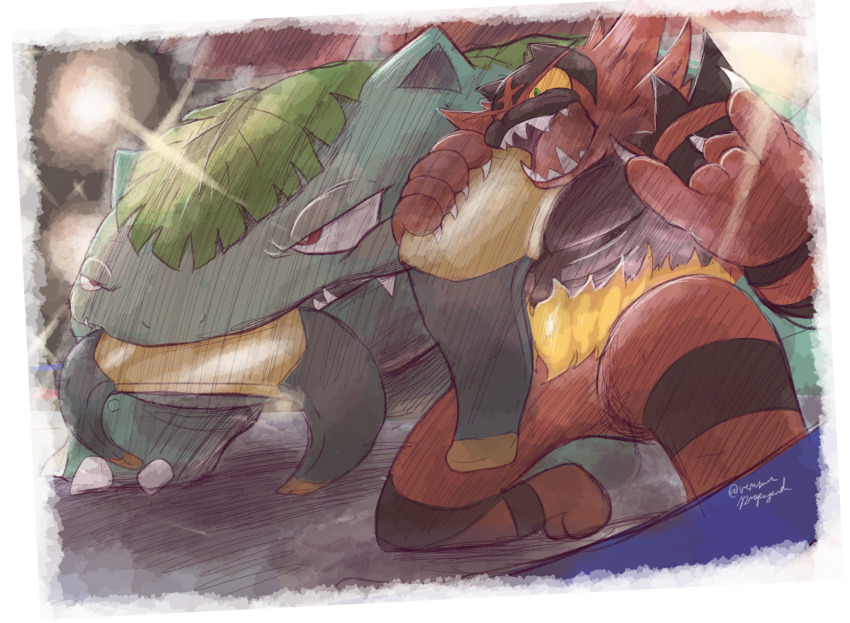 1boy border claws colored_sclera commentary english_commentary furry furry_male gen_1_pokemon gen_7_pokemon green_eyes highres holding incineroar male_focus mouth_hold nintendo nostrils open_mouth pokemon pokemon_(creature) red_eyes sharp_teeth signature teeth venusaur venusaur-propaganda white_border wrestler yellow_sclera