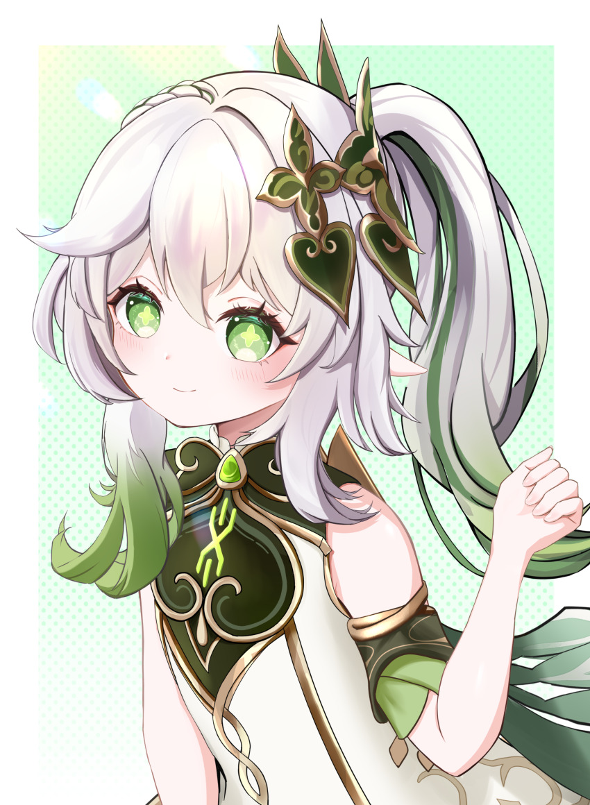 1girl absurdres bare_shoulders blush chinese_commentary closed_mouth commentary_request detached_sleeves genshin_impact gradient_hair green_eyes green_hair green_sleeves hair_between_eyes highres jung_6unf long_hair looking_at_viewer multicolored_hair nahida_(genshin_impact) partial_commentary pointy_ears side_ponytail sleeveless smile solo star-shaped_pupils star_(symbol) symbol-shaped_pupils white_hair