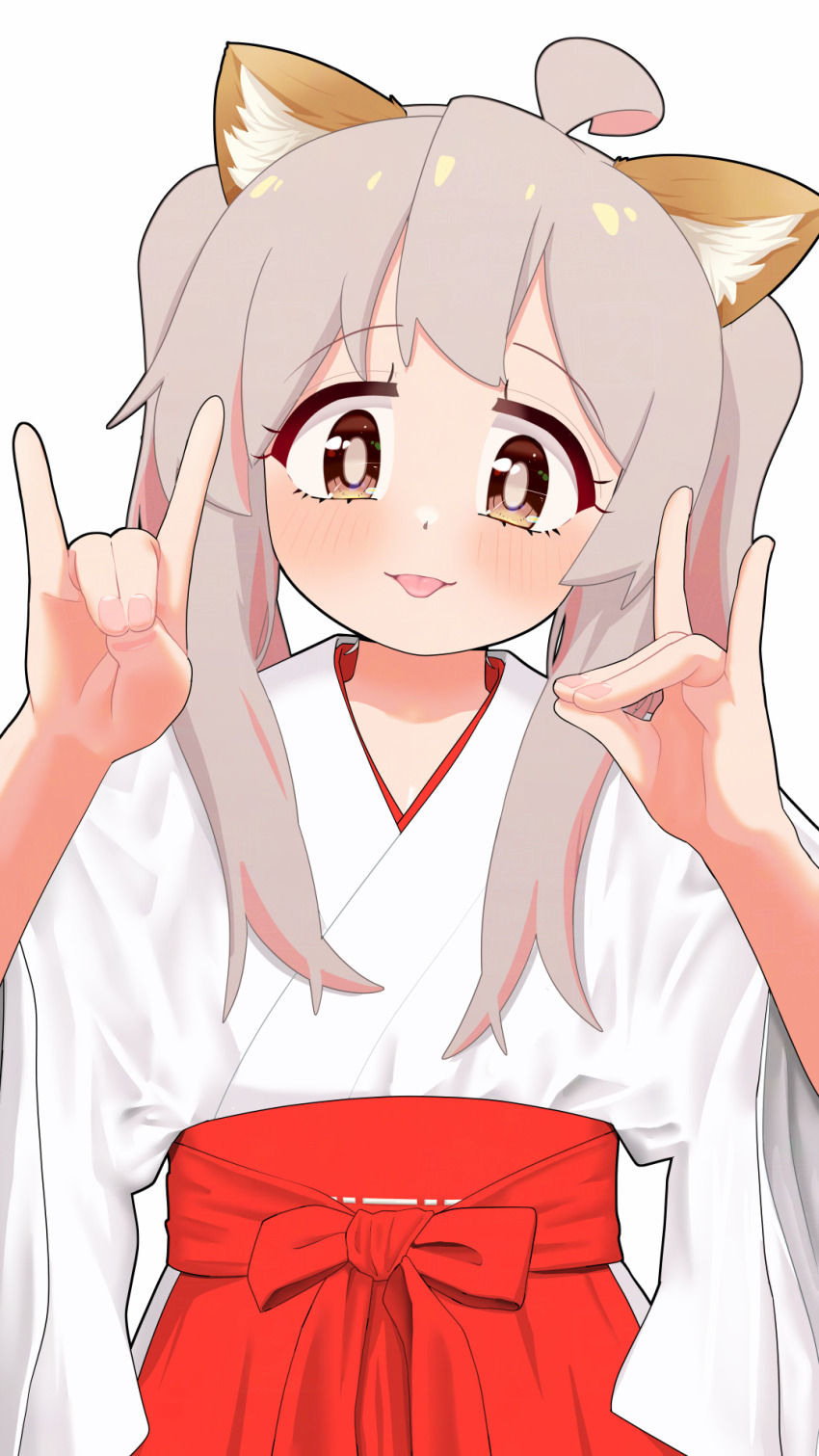 1girl :p ahoge alternate_costume alternate_hairstyle animal_ear_fluff animal_ears blush brown_eyes commentary double_fox_shadow_puppet fox_ears fox_shadow_puppet grey_hair hakama hakama_skirt happyundergate highres japanese_clothes kimono looking_at_viewer miko multicolored_hair onii-chan_wa_oshimai! oyama_mahiro pink_hair sidelocks skirt smile solo tongue tongue_out twintails two-tone_hair white_kimono wide_sleeves