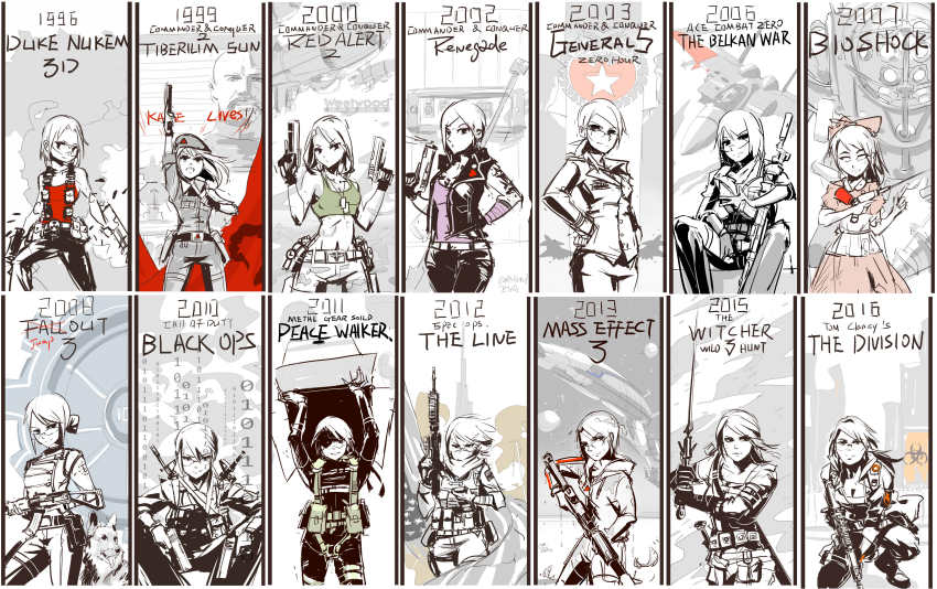 6+girls absurdres ace_combat ace_combat_zero american_flag ammunition_pouch assault_rifle beret big_boss big_boss_(cosplay) big_daddy_(bioshock) biohazard_symbol bioshock bioshock_(series) bioshock_1 box call_of_duty call_of_duty:_black_ops command_&amp;_conquer command_&amp;_conquer:_red_alert command_&amp;_conquer:_red_alert_2 command_&amp;_conquer:_tiberian_sun cosplay dog dog_tags dual_wielding duke_nukem duke_nukem_(cosplay) english_text evaita eyepatch f-15_eagle fallout fallout_3 glasses gloves gun hand_on_own_hip handgun hat highres holding kane_(c&amp;c) larry_foulke larry_foulke_(cosplay) little_sister_(bioshock) little_sister_(cosplay) lone_wanderer martin_walker martin_walker_(cosplay) mass_effect_(series) mass_effect_3 metal_gear_(series) metal_gear_solid:_peace_walker midriff military military_uniform multiple_girls naked_snake naked_snake_(cosplay) navel original ponytail pouch radiation_symbol red_alert_2 rifle scarf shell_casing spec_ops_the_line sword tanya_adams the_witcher_(series) the_witcher_3 tom_clancy&#039;s_the_division trigger_discipline vest weapon