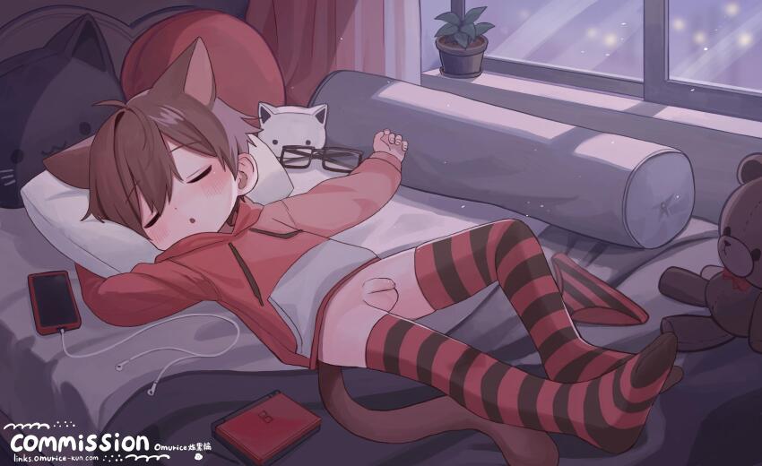 1boy absurdres animal_ears artist_name bed bed_sheet black_thighhighs blush cat-shaped_pillow cat_boy cat_ears cat_tail cellphone closed_eyes commentary commission earbuds earphones english_commentary flaccid handheld_game_console highres hood hoodie indoors lying male_focus male_underwear nintendo_ds omurice_(roza4957) on_back on_bed open_mouth original penis phone pillow plant red_hoodie red_thighhighs shota sleeping small_penis smartphone solo striped_clothes striped_thighhighs tail testicles thighhighs uncensored underwear unworn_eyewear unworn_male_underwear watermark web_address