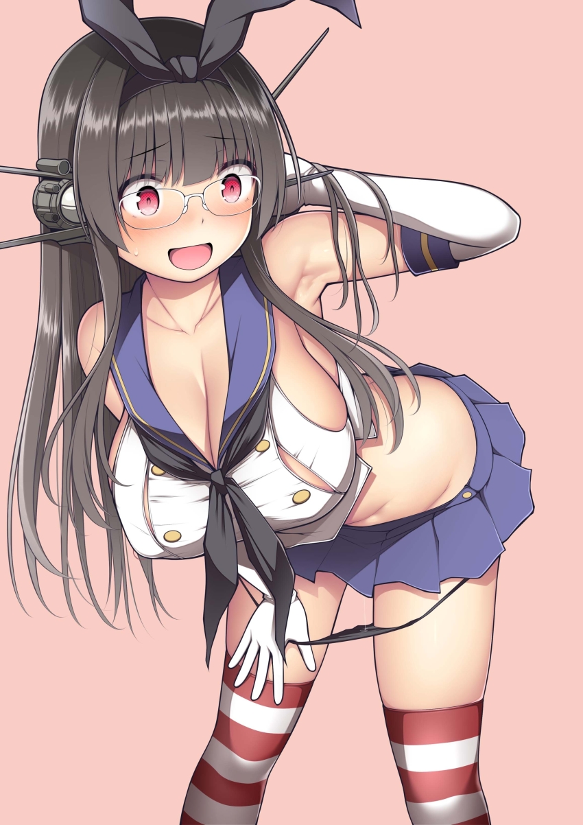 1girl absurdres bent_over black_hair black_hairband black_neckerchief black_panties blue_sailor_collar blush breasts choukai_(kancolle) commentary_request cosplay crop_top elbow_gloves glasses gloves hairband hand_on_own_leg headgear highleg highleg_panties highres kantai_collection kuromayu large_breasts long_hair microskirt neckerchief nose_blush open_mouth panties panty_pull pink_background pussy_juice pussy_juice_trail red_eyes sailor_collar shimakaze_(kancolle) shimakaze_(kancolle)_(cosplay) skirt sleeveless solo striped_clothes striped_thighhighs sweat thighhighs underwear white_gloves