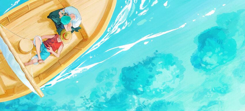 2boys bandana_around_arm black_hair black_pants blue_shorts boat commentary_request crossed_arms from_above full_body green_hair hat highres lying male_focus mochiko_(zy) monkey_d._luffy multiple_boys ocean on_back one_piece outdoors pants red_vest roronoa_zoro sailboat shirt short_hair shorts sitting straw_hat vest watercraft white_shirt