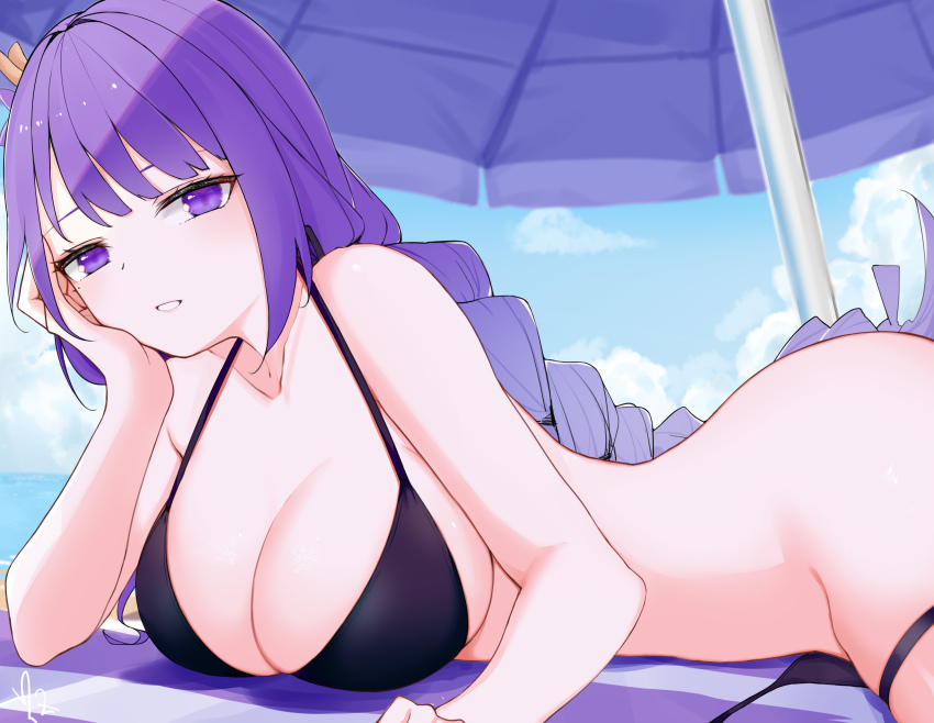 1girl absurdres ass bare_shoulders beach bikini black_bikini black_bra blue_sky bra braid breasts cleavage cloud cloudy_sky collarbone commentary genshin_impact gradient_hair hair_ornament head_tilt highres huge_ass huge_breasts long_braid looking_at_viewer looking_to_the_side lying multicolored_hair no_mole no_panties nude on_stomach outdoors parted_lips purple_eyes purple_hair raiden_shogun seasonsun single_braid sky solo swimsuit towel umbrella underwear upper_body