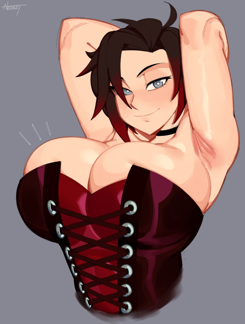 1girl absurdres alternate_breast_size_(larger) armpits arms_behind_head arms_up artist_name black_hair breasts choker cleavage corset gradient_hair grey_background grey_eyes highres huge_breasts looking_at_viewer multicolored_hair nezulet red_hair ruby_rose rwby seductive_smile short_hair simple_background smile solo upper_body