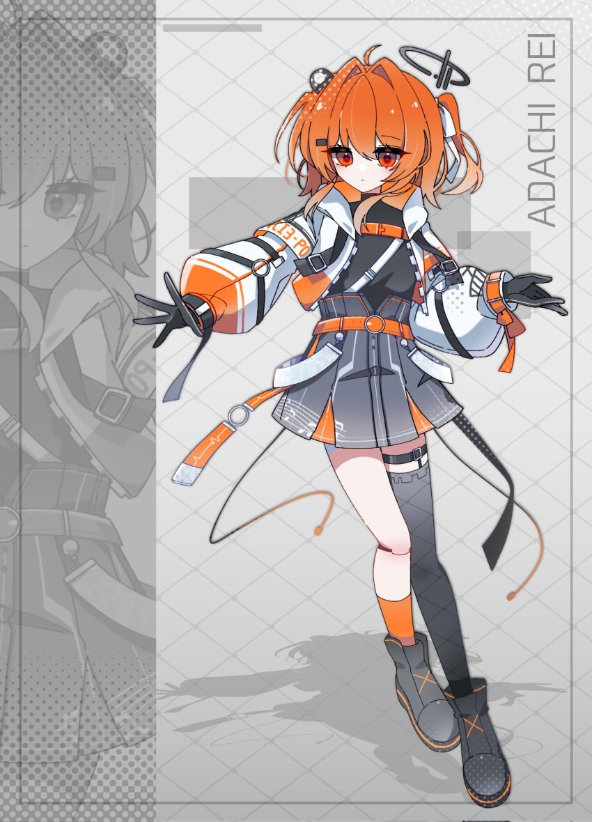 1girl a.i._voice adachi_rei alternate_costume android belt black_gloves black_shirt boots character_name chest_belt commentary full_body gloves grey_skirt highres jacket joints legwear_garter long_sleeves looking_at_viewer medium_hair mei_(meiday_mise) miniskirt one_side_up open_clothes open_jacket orange_belt orange_eyes orange_hair robot_joints shirt single_thighhigh skirt solo standing symbol-only_commentary thighhighs utau white_jacket