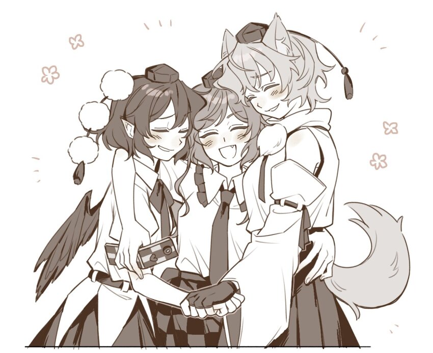 3girls animal_ear_fluff animal_ears arm_around_shoulder blush camera_phone cellphone checkered_clothes checkered_skirt closed_eyes collared_shirt commentary_request detached_sleeves fang fingerless_gloves flip_phone frilled_shirt_collar frills gloves greyscale hat himekaidou_hatate holding holding_phone hug inubashiri_momiji monochrome multiple_girls open_mouth phone pointy_ears pom_pom_(clothes) puffy_short_sleeves puffy_sleeves sakic43899 shameimaru_aya shirt short_sleeves skirt smile tail tokin_hat touhou twintails wings wolf_ears wolf_girl wolf_tail